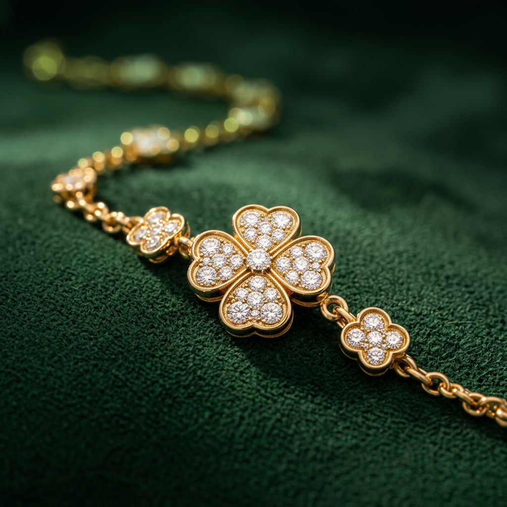Four-leaf clover motif bracelet in 18k gold with mother of pearl and onyx